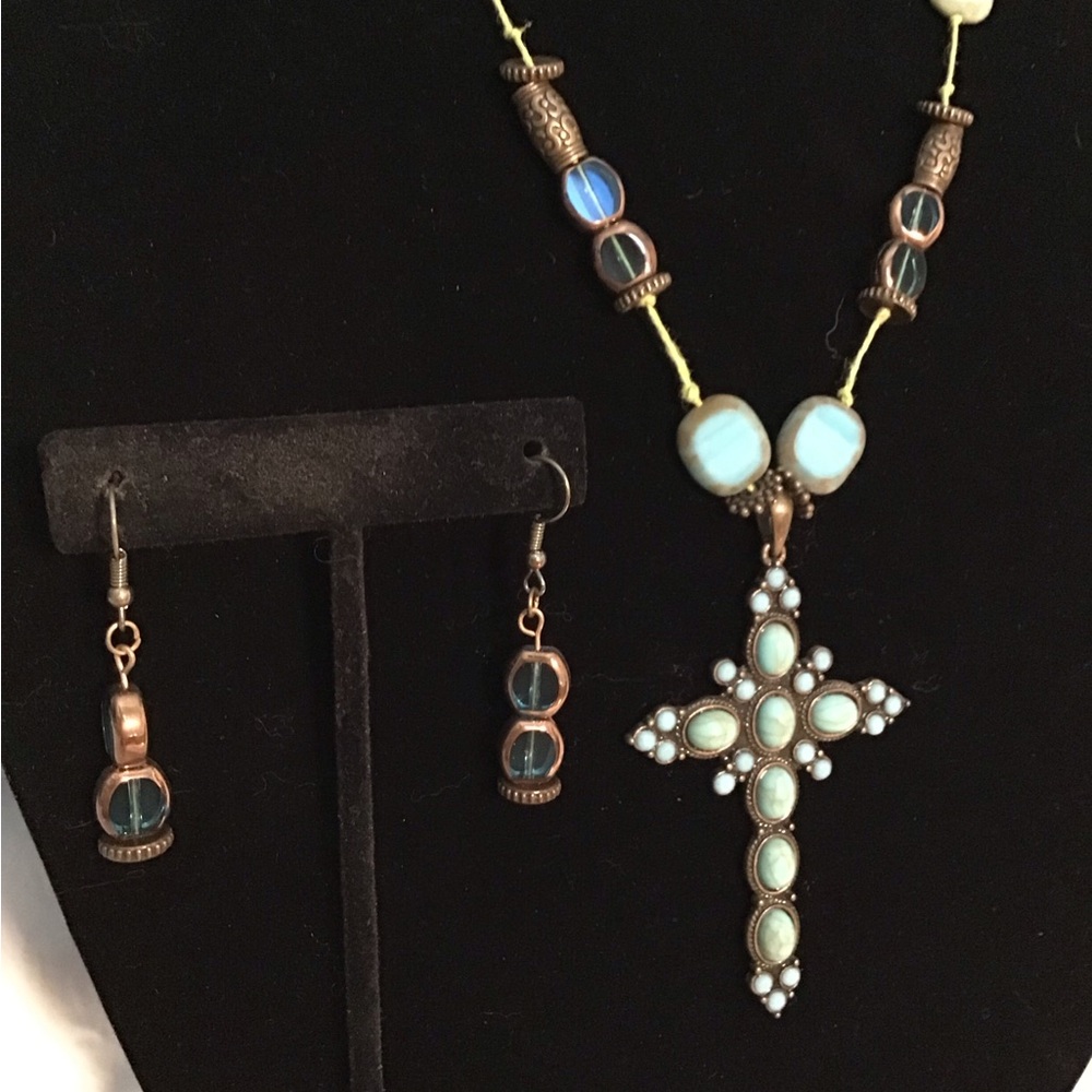 Elegant Turquoise and Bronze Cross Necklace Set